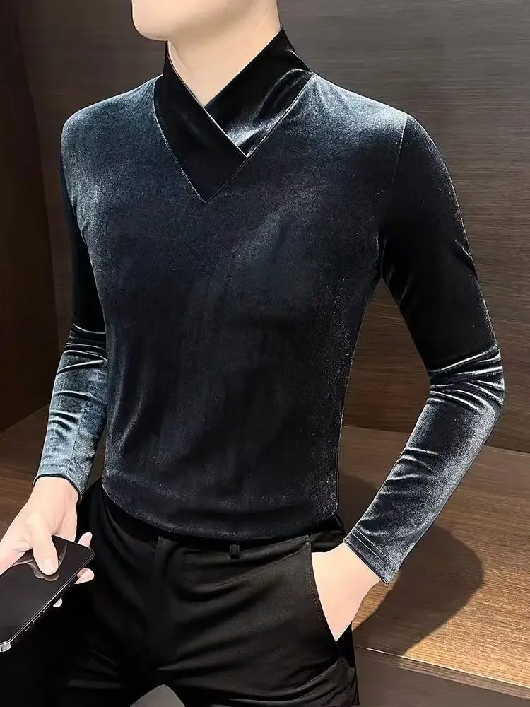 Gold Velvet V-neck Long-sleeved T-shirt Men's High-end Half-high-neck Inner Base Shirt