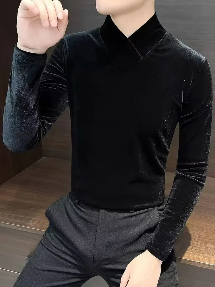 Gold Velvet V-neck Long-sleeved T-shirt Men's High-end Half-high-neck Inner Base Shirt