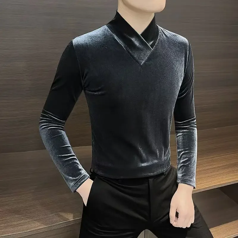 Gold Velvet V-neck Long-sleeved T-shirt Men's High-end Half-high-neck Inner Base Shirt