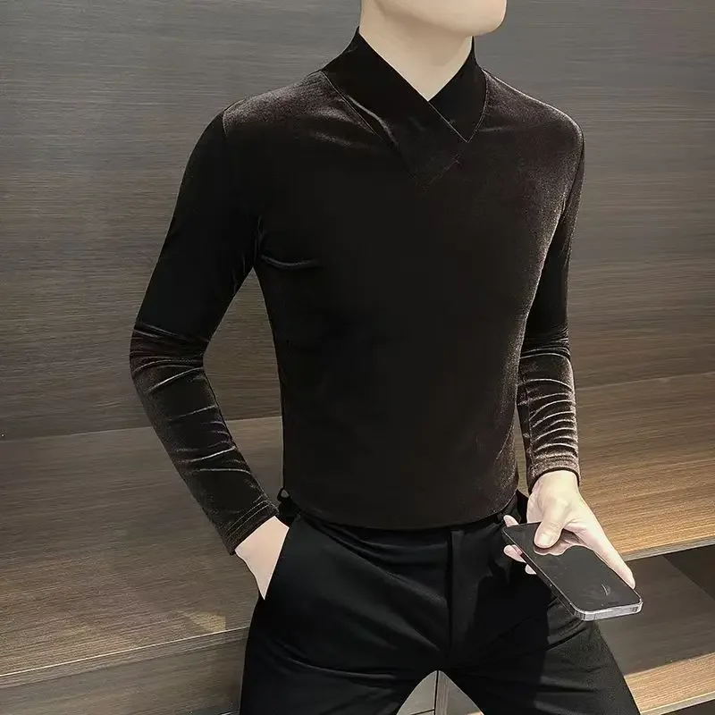 Gold Velvet V-neck Long-sleeved T-shirt Men's High-end Half-high-neck Inner Base Shirt