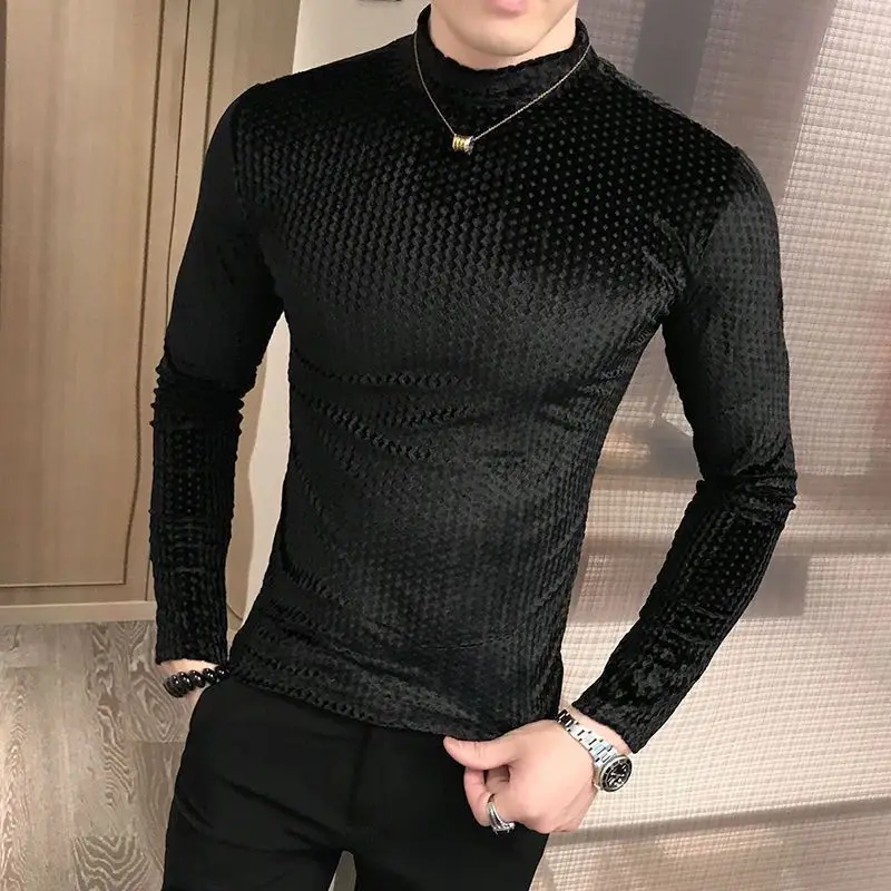 Boyfriend Solid Color Pullover Long Sleeve Men's Clothing Casual T-shirt Fashionable Spring Autumn Half High Collar Tops Boyfriend Solid Color Pullover Long Sleeve Men's Clothing Casual T-shirt Fashionable Spring Autumn Half High Collar Tops