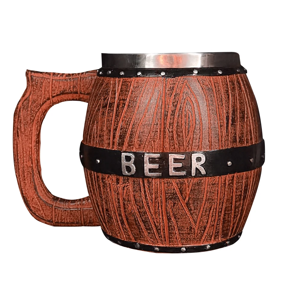 Viking Wood Style Beer Mug Christmas Gift Simulation Wooden Barrel Beer Cup Double Wall Drinking Mug Metal Bar Drinkware