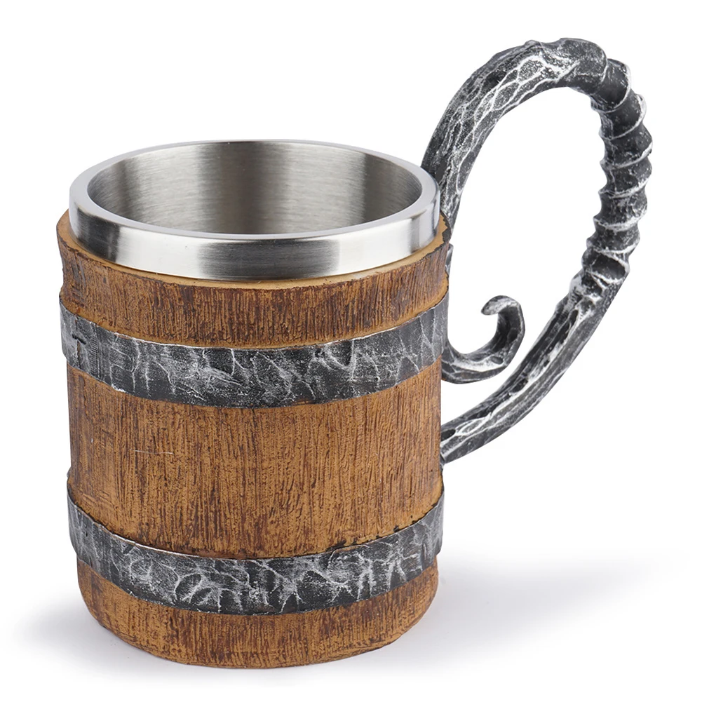 Viking Wood Style Beer Mug Christmas Gift Simulation Wooden Barrel Beer Cup Double Wall Drinking Mug Metal Bar Drinkware