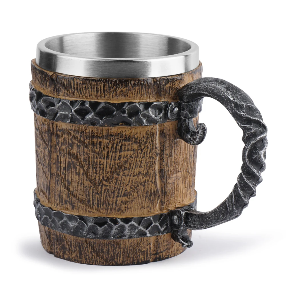 Viking Wood Style Beer Mug Christmas Gift Simulation Wooden Barrel Beer Cup Double Wall Drinking Mug Metal Bar Drinkware