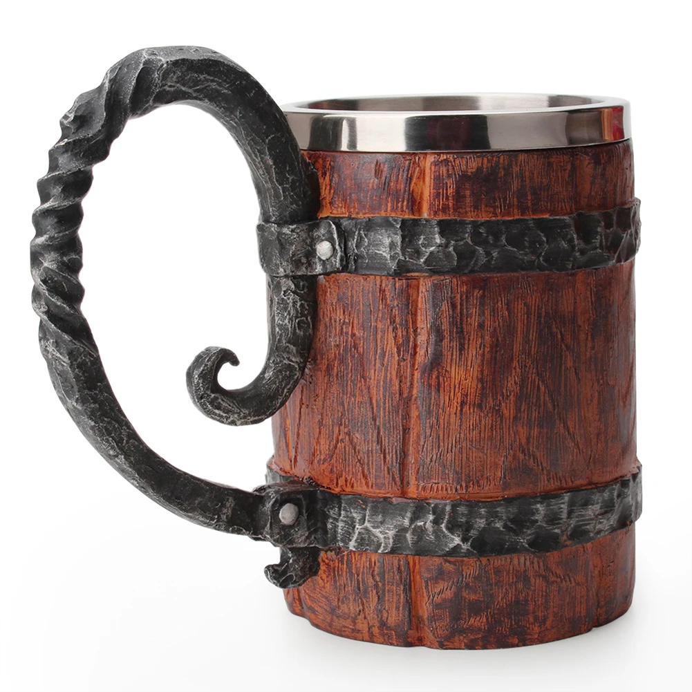 Viking Wood Style Beer Mug Christmas Gift Simulation Wooden Barrel Beer Cup Double Wall Drinking Mug Metal Bar Drinkware
