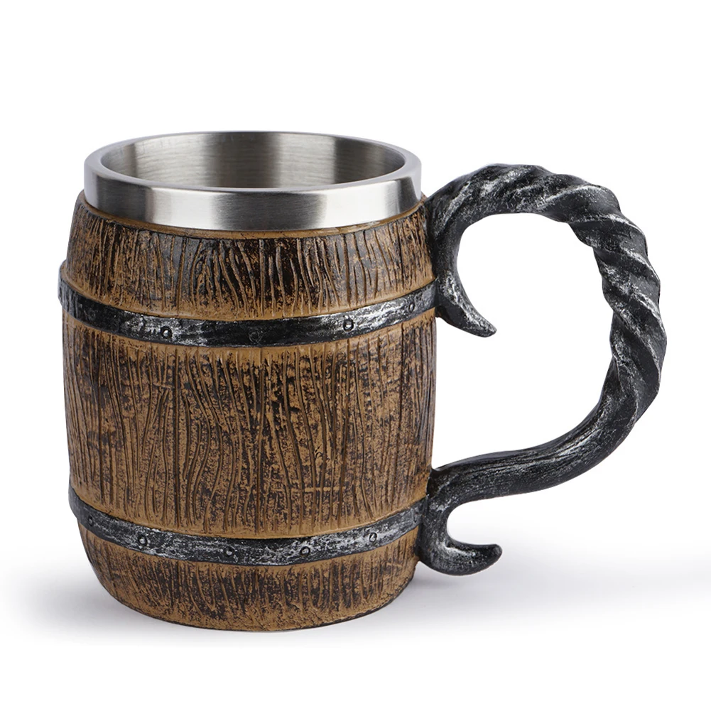 Viking Wood Style Beer Mug Christmas Gift Simulation Wooden Barrel Beer Cup Double Wall Drinking Mug Metal Bar Drinkware