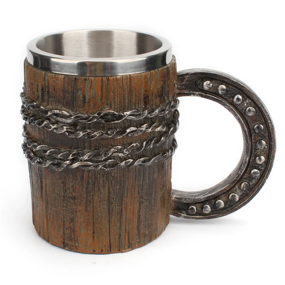 Viking Wood Style Beer Mug Christmas Gift Simulation Wooden Barrel Beer Cup Double Wall Drinking Mug Metal Bar Drinkware
