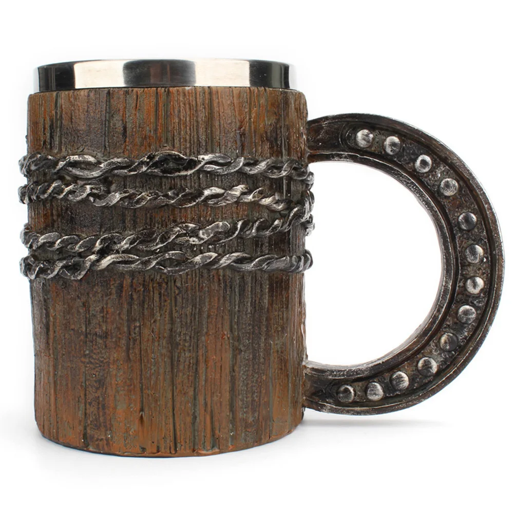 Viking Wood Style Beer Mug Christmas Gift Simulation Wooden Barrel Beer Cup Double Wall Drinking Mug Metal Bar Drinkware