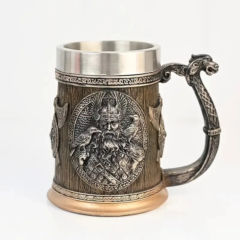 Cross-border medieval vintage beer mug resin stainless steel handmade creative Viking mug bar home furnishings