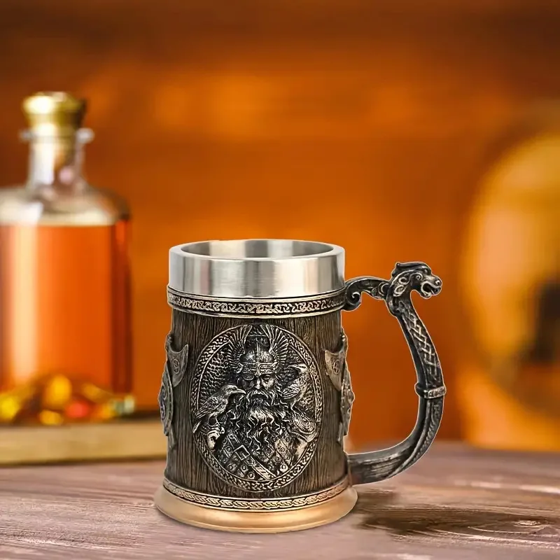 Cross-border medieval vintage beer mug resin stainless steel handmade creative Viking mug bar home furnishings