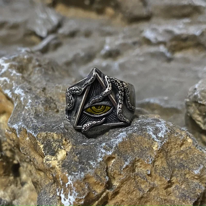 Retro Golden Eye of Providence Large Ring For Men Cthulhu Octopus Punk Gothic Ring Handmade Jewelry Biker Accessories Man Gift