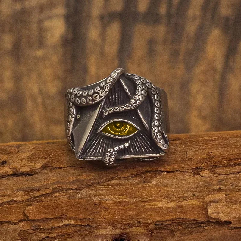 Retro Golden Eye of Providence Large Ring For Men Cthulhu Octopus Punk Gothic Ring Handmade Jewelry Biker Accessories Man Gift