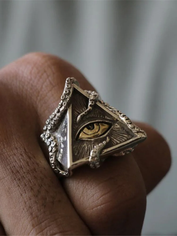 Retro Golden Eye of Providence Large Ring For Men Cthulhu Octopus Punk Gothic Ring Handmade Jewelry Biker Accessories Man Gift