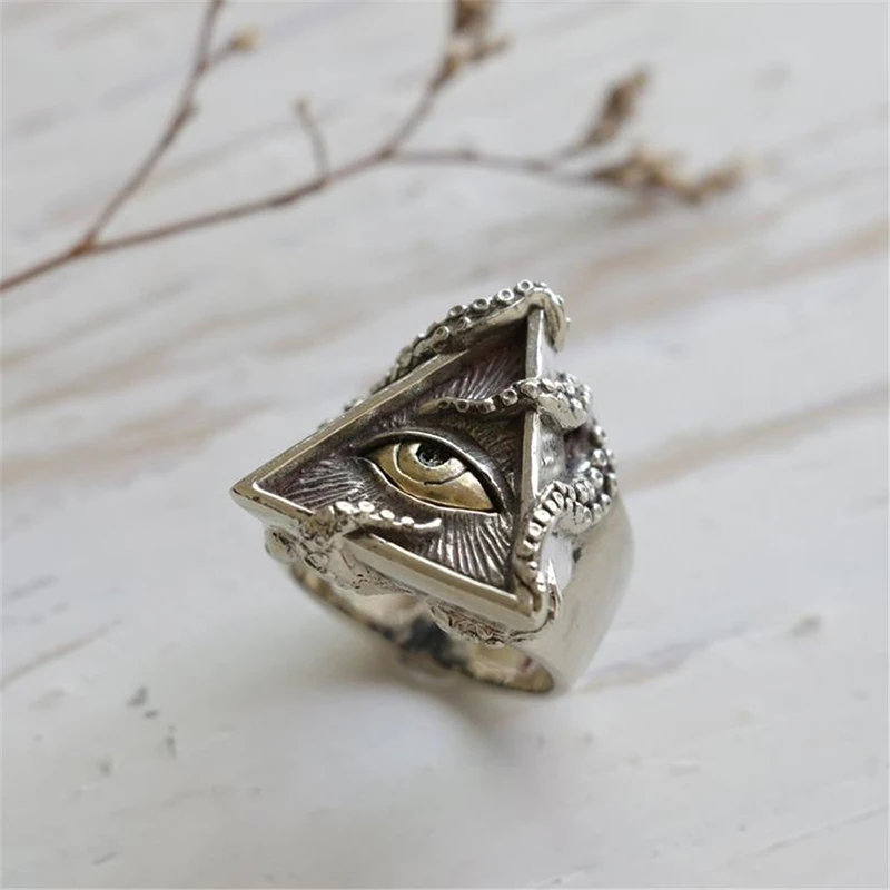 Retro Golden Eye of Providence Large Ring For Men Cthulhu Octopus Punk Gothic Ring Handmade Jewelry Biker Accessories Man Gift