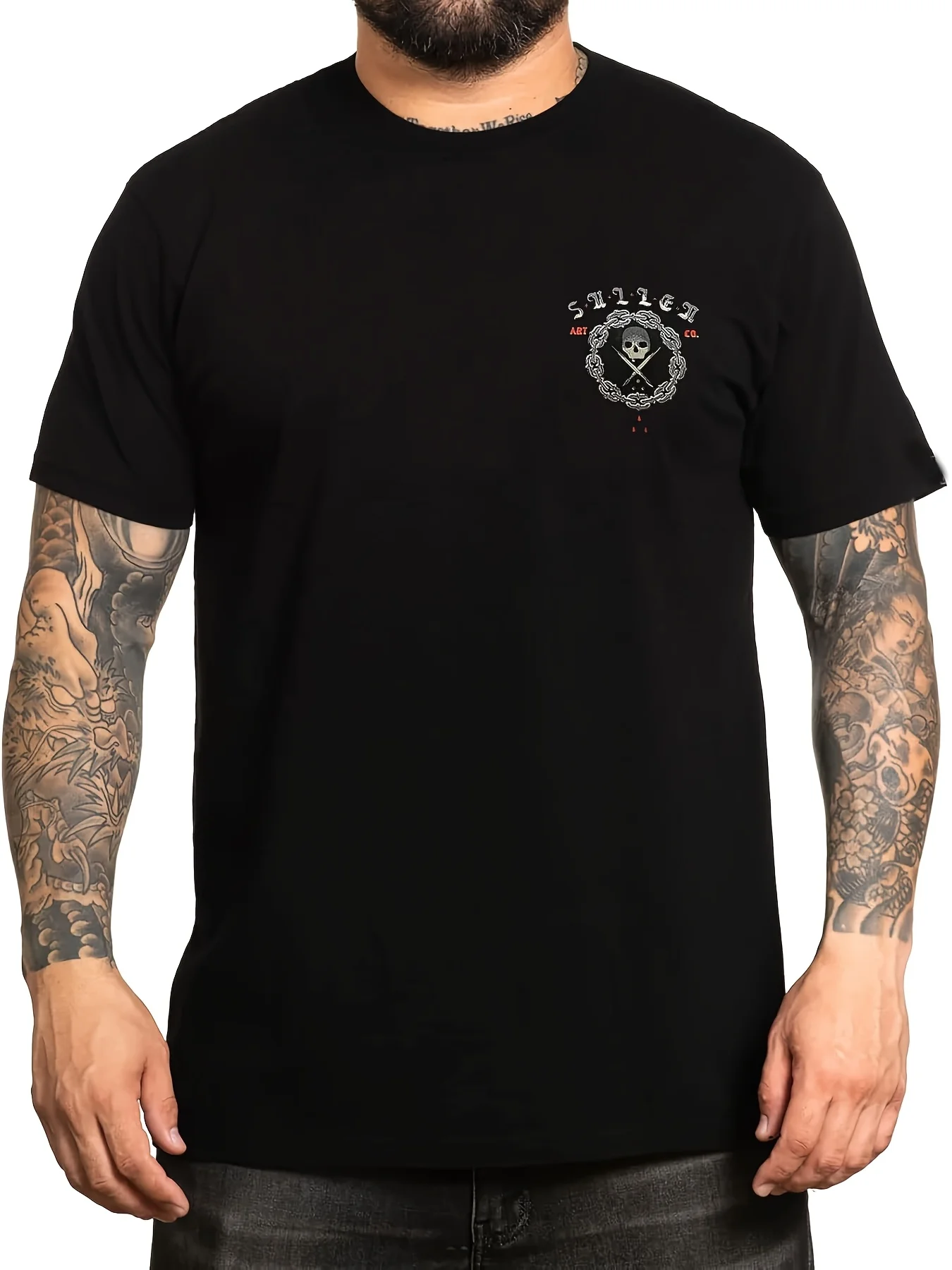 Men's Sullen Breakout Tattoo Lifestyle Graphic T-Shirt Black Cotton Crew Neck Tee with Intricate Skull Rose Design