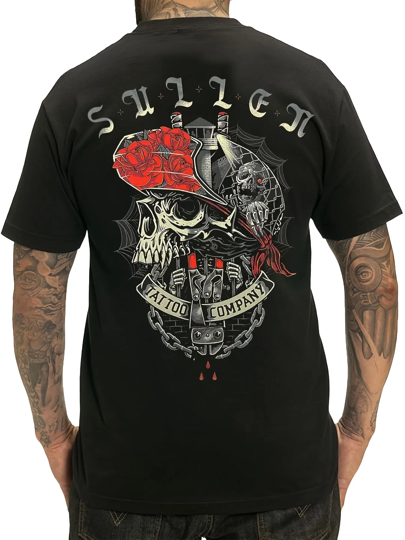 Men's Sullen Breakout Tattoo Lifestyle Graphic T-Shirt Black Cotton Crew Neck Tee with Intricate Skull Rose Design