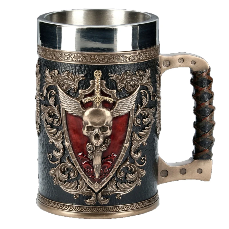 Medieval Viking Retro 3D Sword Skull Beer Mug With Stainless Steel Insert Resin Big Capacity Coffee Cups Men's Halloween Gift