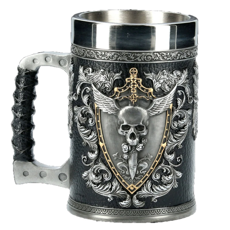 Medieval Viking Retro 3D Sword Skull Beer Mug With Stainless Steel Insert Resin Big Capacity Coffee Cups Men's Halloween Gift