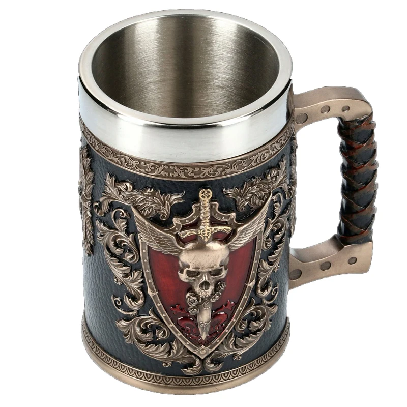 Medieval Viking Retro 3D Sword Skull Beer Mug With Stainless Steel Insert Resin Big Capacity Coffee Cups Men's Halloween Gift