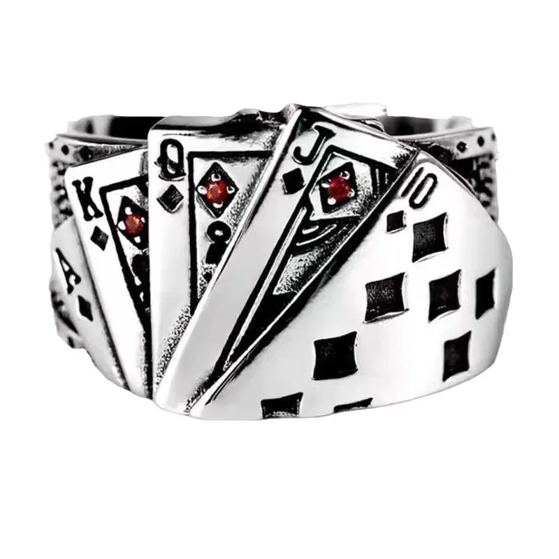 Retro Royal Flush Poker Ring For Men Punk Gothic Rock Hiphop Open Ring Unisex Accessories Handmade Designer Jewelry Lover Gift