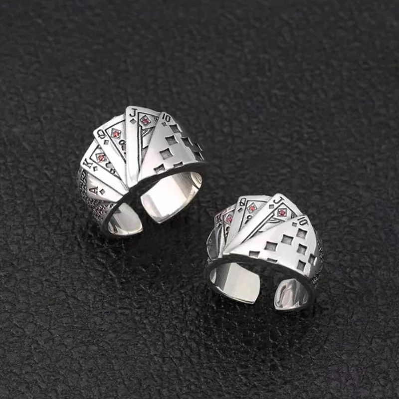 Retro Royal Flush Poker Ring For Men Punk Gothic Rock Hiphop Open Ring Unisex Accessories Handmade Designer Jewelry Lover Gift