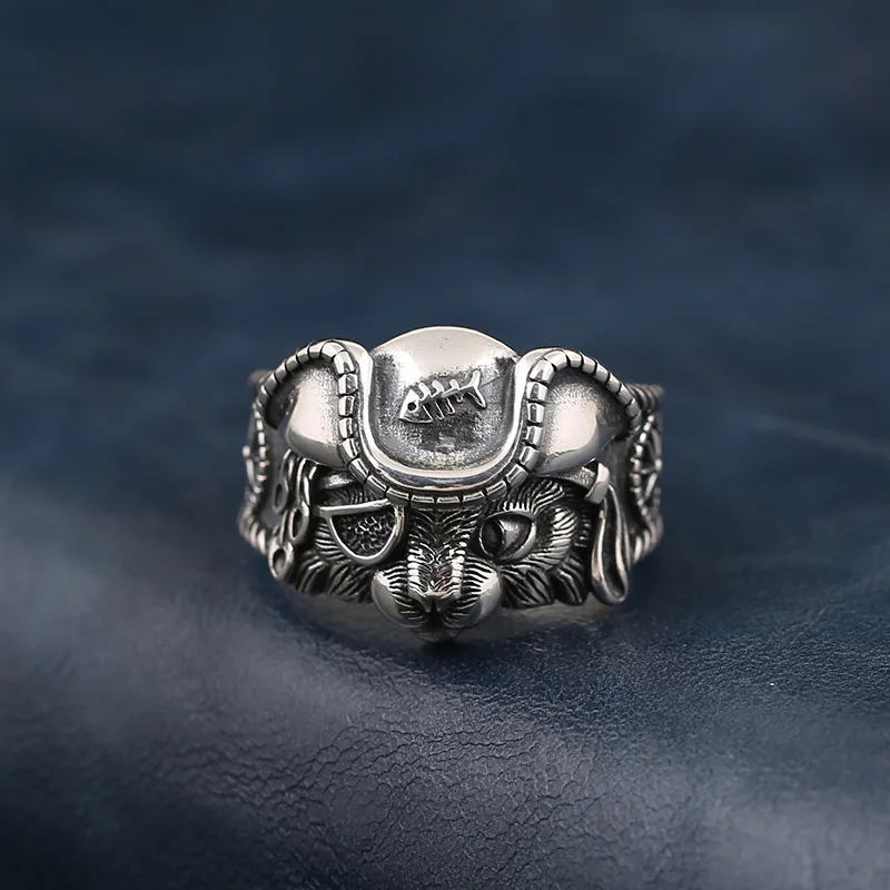 Retro Pirate Cat Ring For Men Silver Color Punk Gothic Adjustable Open Ring Rock Handmade Hiphop Unisex Jewelry Accessories Gift