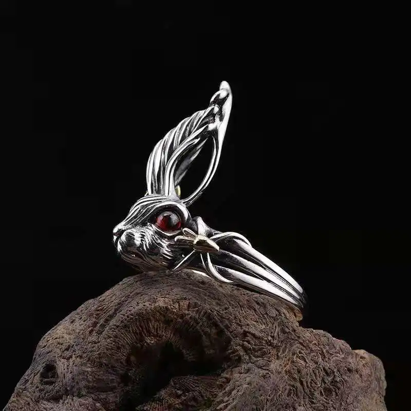 Retro Alice Wonderland Rabbit Ring Punk Gothic Adjustable Man Ring Handmade Jewelry Fairy Tales Bunny Accessories Unisex Gift