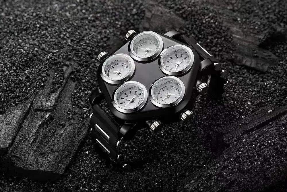 Cool Watch Men Sports Watches Five Time Zone Silicone Strap Punk Large Dial Quartz Wristwatch Male Clock Hour Relogio Masculino