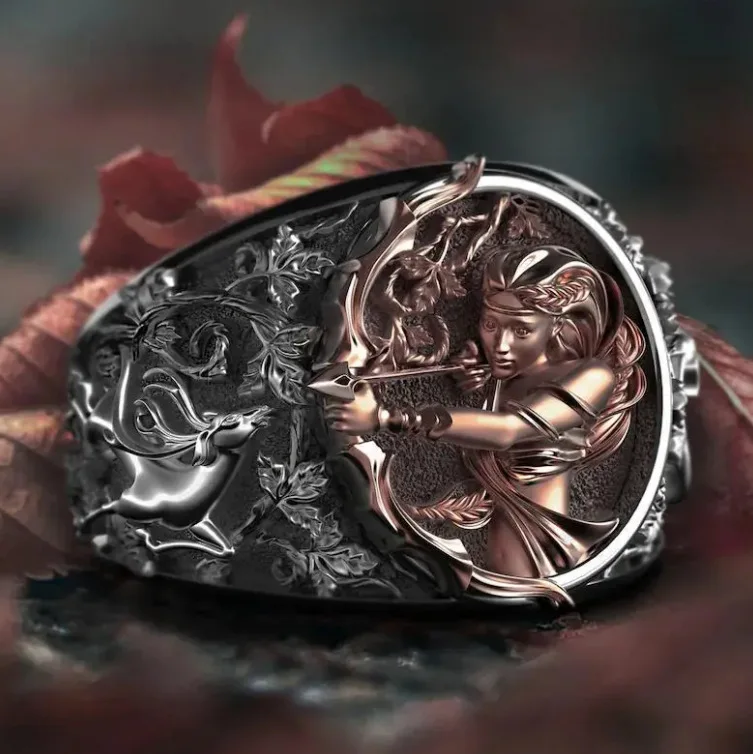 Retro Silver Color Mature Classic Mythology Ancient Greek Goddess Artemis Ring Fashion Versatile Open Ring High End Jewelry Gift