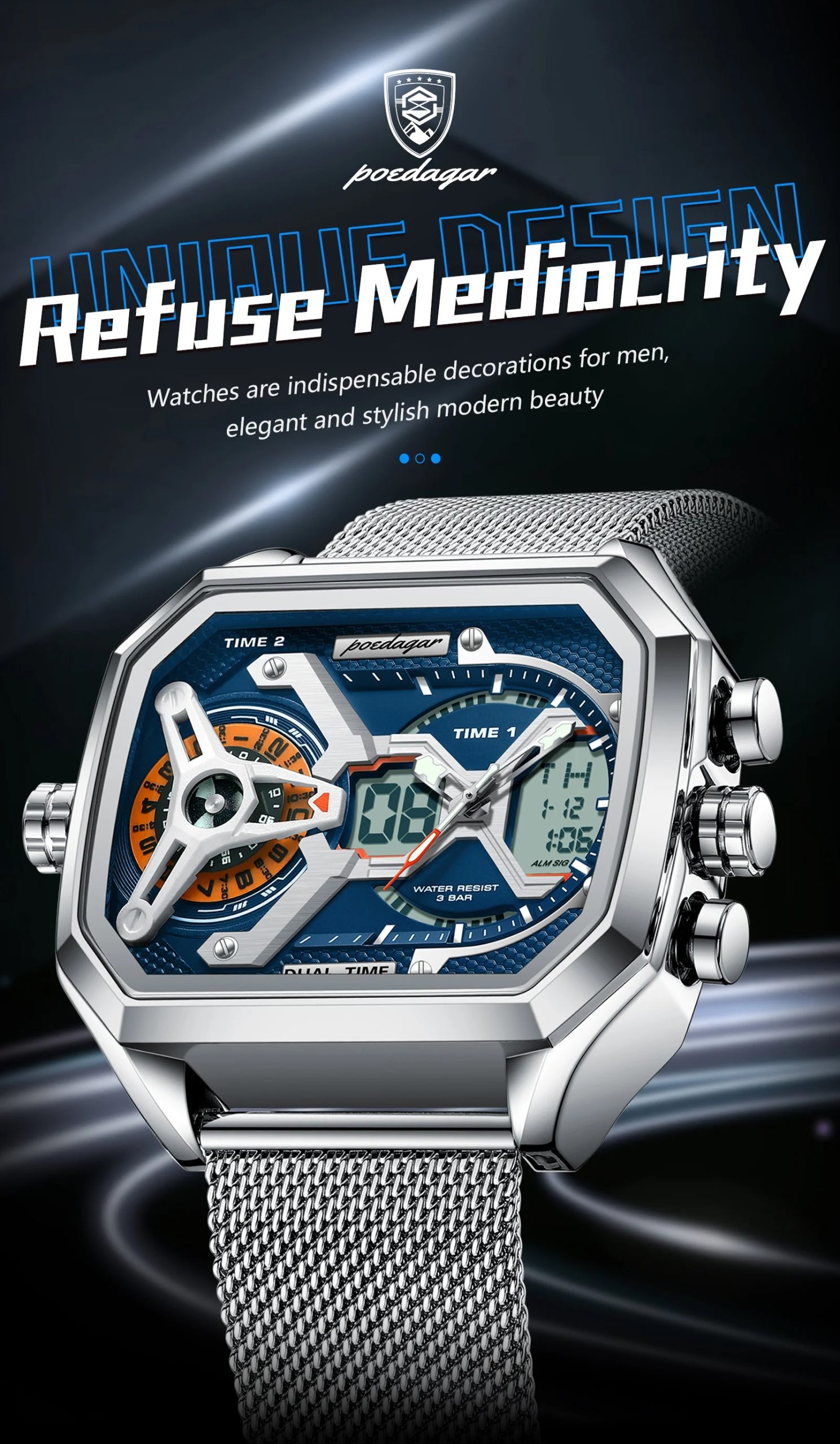 POEDAGAR Sports Men's Quartz Watches Date Week LED Alarm Military Electronic Man Watch Waterproof Stainless Steel Mesh Men Clock