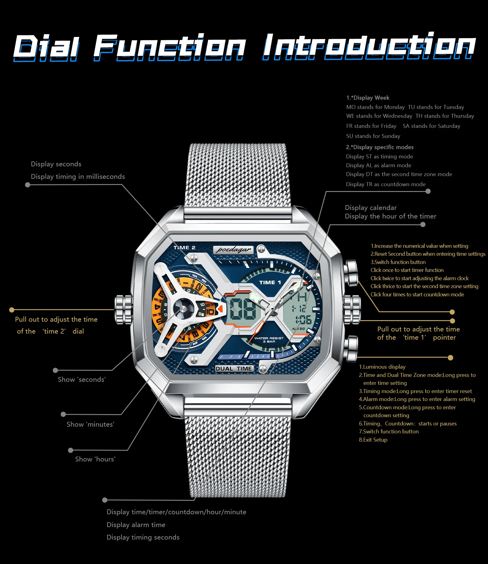 POEDAGAR Sports Men's Quartz Watches Date Week LED Alarm Military Electronic Man Watch Waterproof Stainless Steel Mesh Men Clock