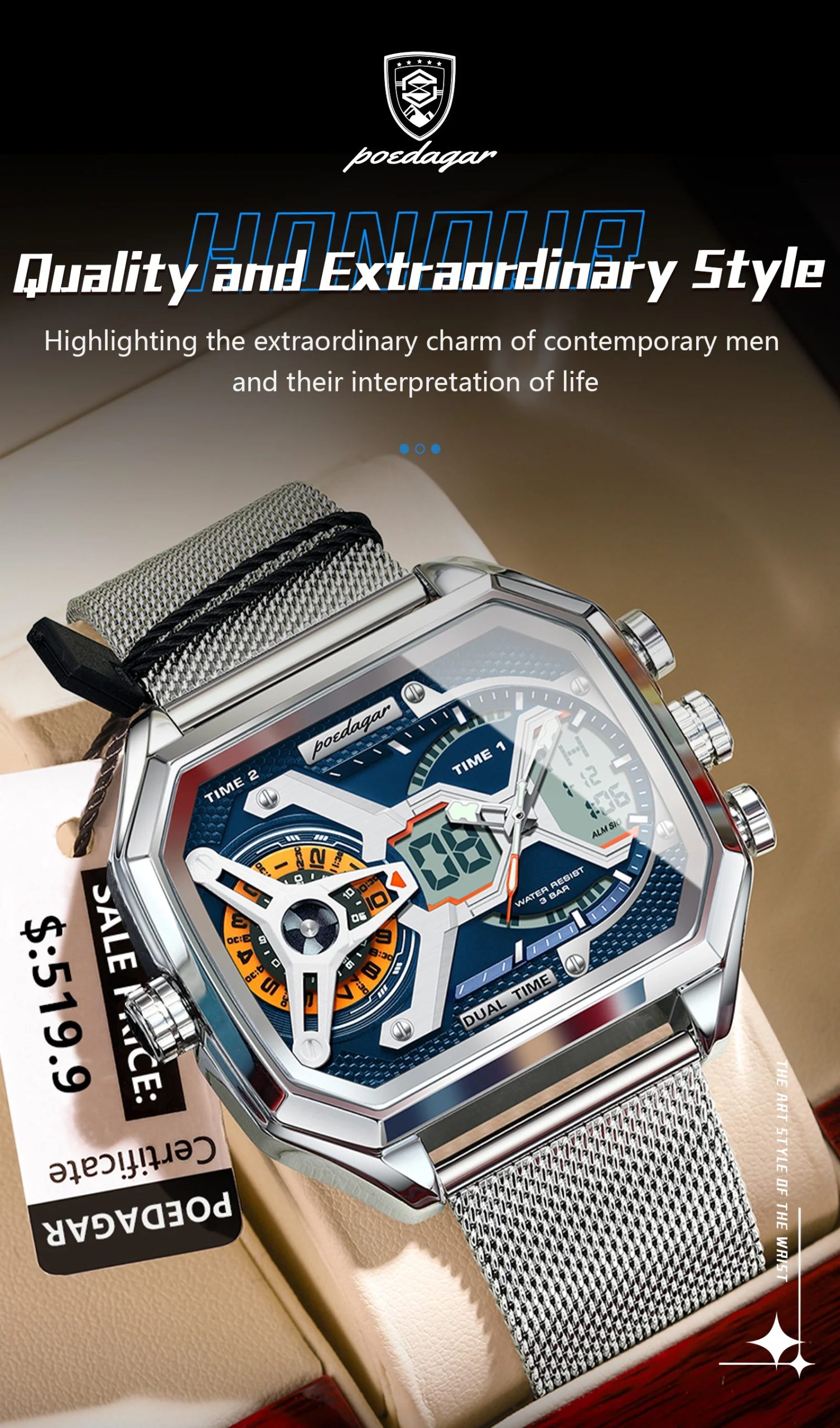 POEDAGAR Sports Men's Quartz Watches Date Week LED Alarm Military Electronic Man Watch Waterproof Stainless Steel Mesh Men Clock