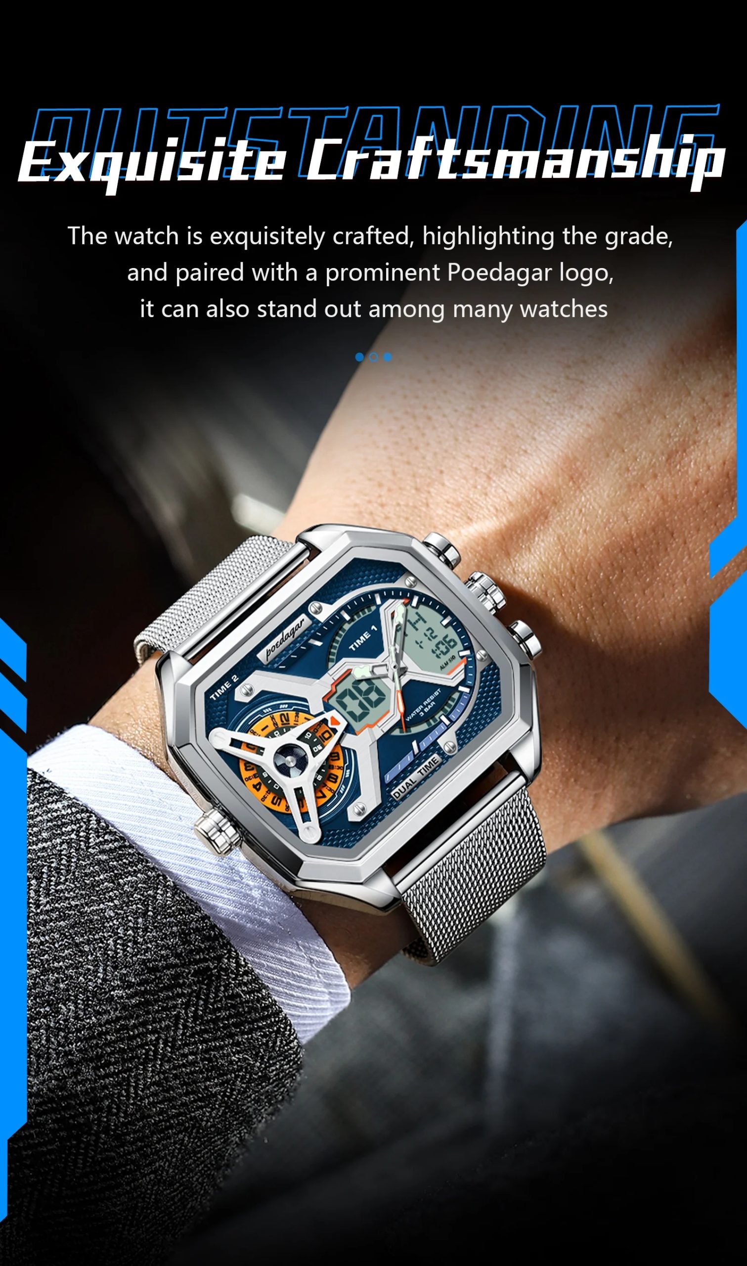 POEDAGAR Sports Men's Quartz Watches Date Week LED Alarm Military Electronic Man Watch Waterproof Stainless Steel Mesh Men Clock