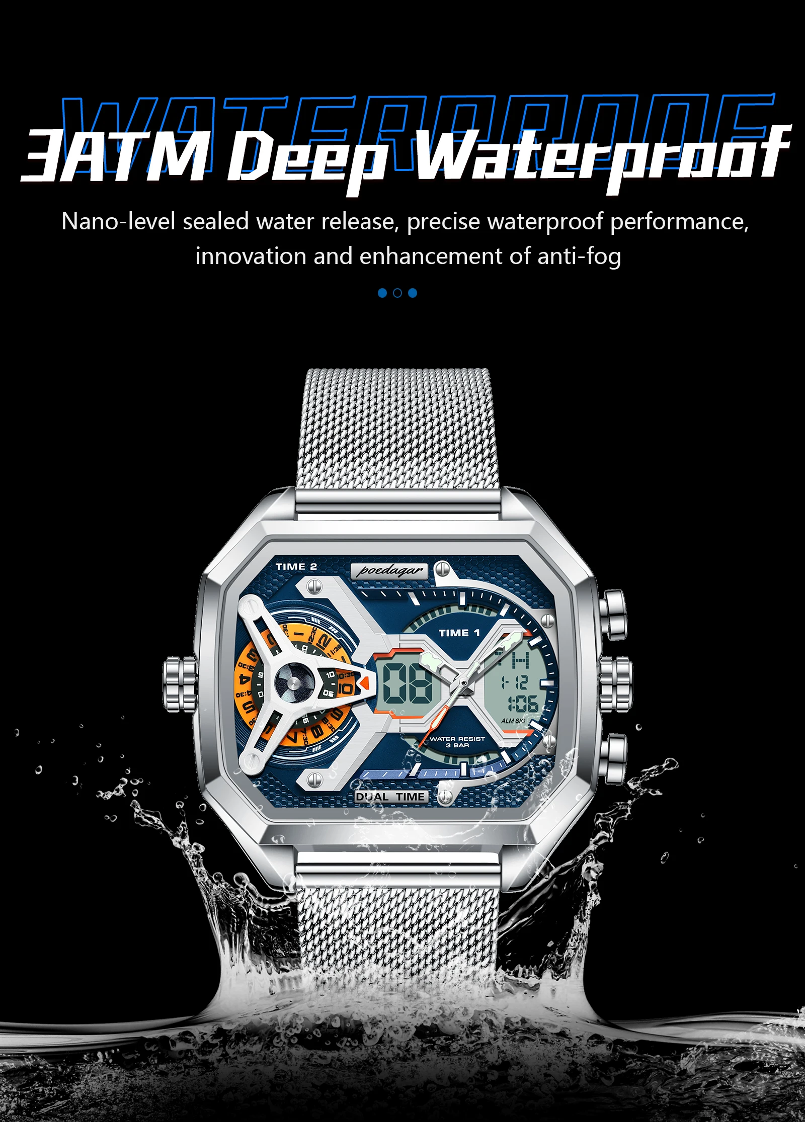 POEDAGAR Sports Men's Quartz Watches Date Week LED Alarm Military Electronic Man Watch Waterproof Stainless Steel Mesh Men Clock