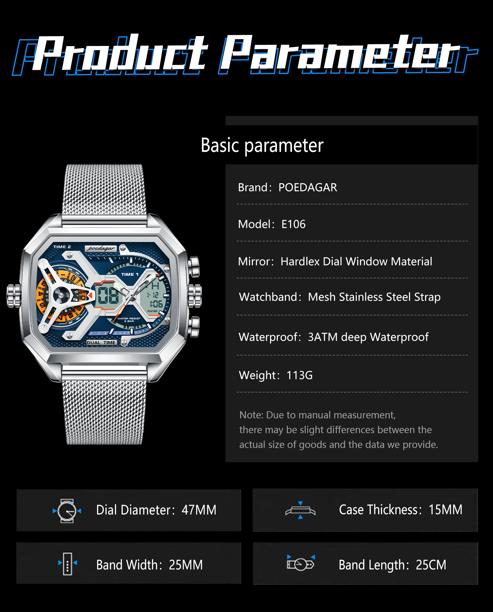 POEDAGAR Sports Men's Quartz Watches Date Week LED Alarm Military Electronic Man Watch Waterproof Stainless Steel Mesh Men Clock