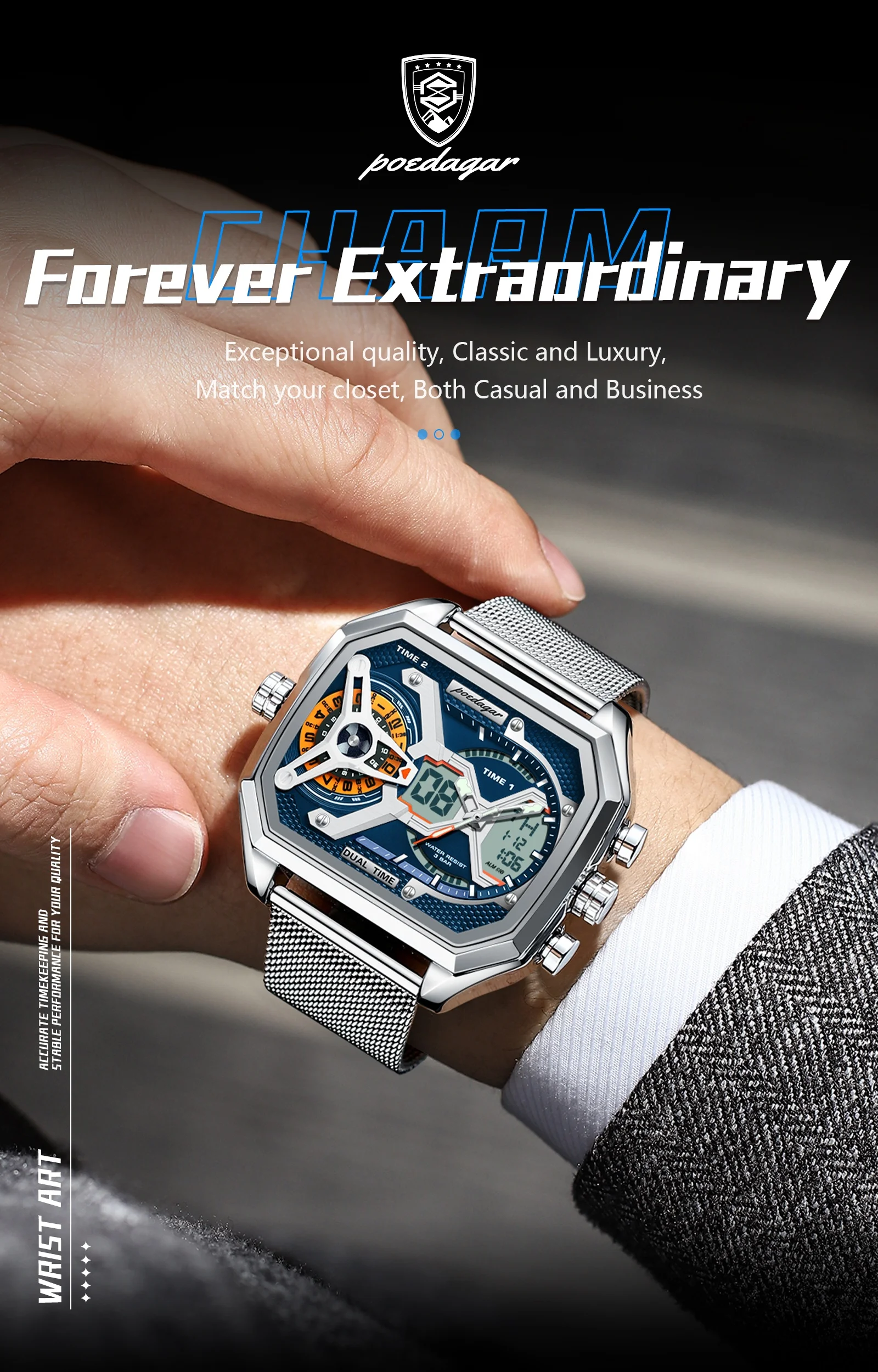 POEDAGAR Sports Men's Quartz Watches Date Week LED Alarm Military Electronic Man Watch Waterproof Stainless Steel Mesh Men Clock