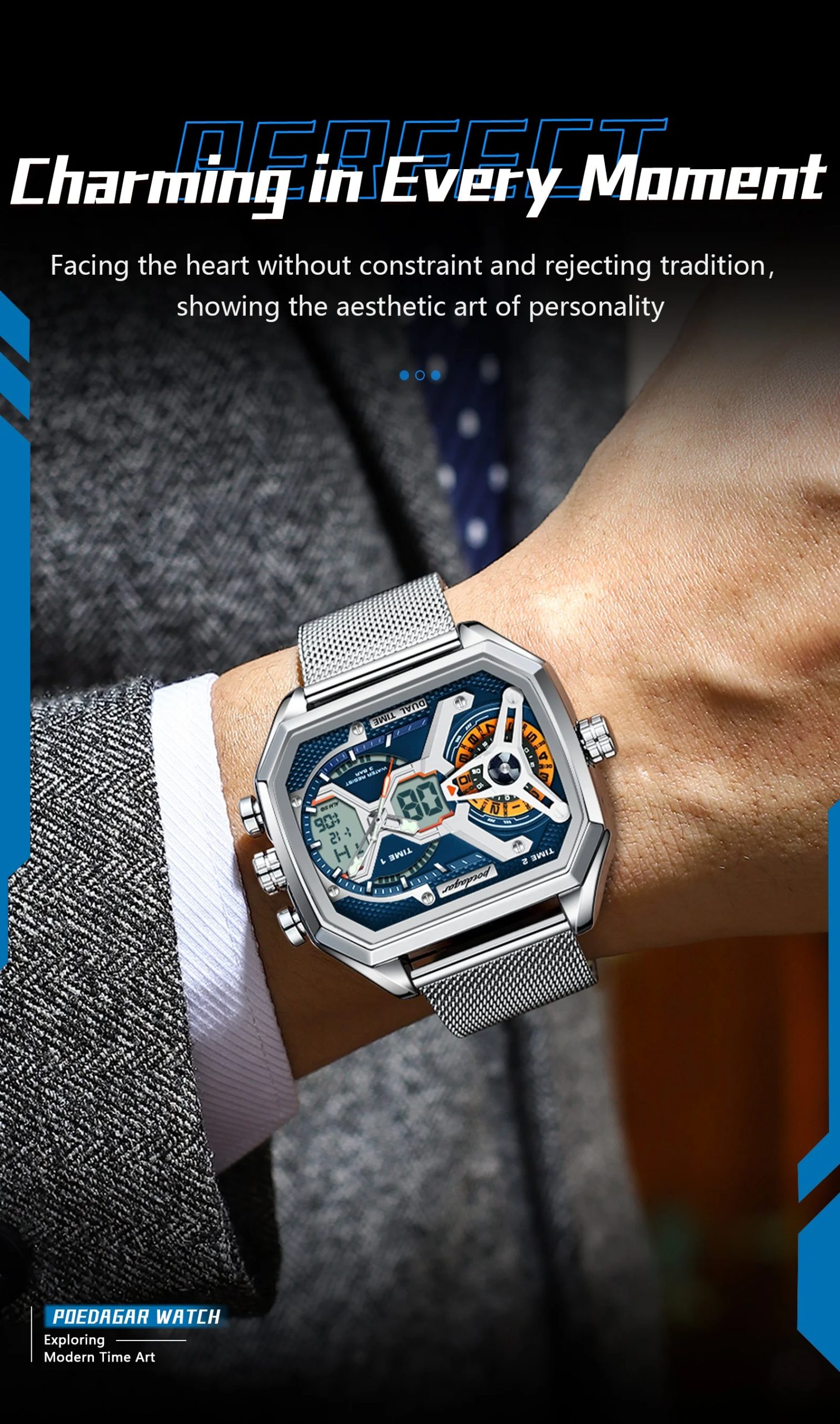 POEDAGAR Sports Men's Quartz Watches Date Week LED Alarm Military Electronic Man Watch Waterproof Stainless Steel Mesh Men Clock