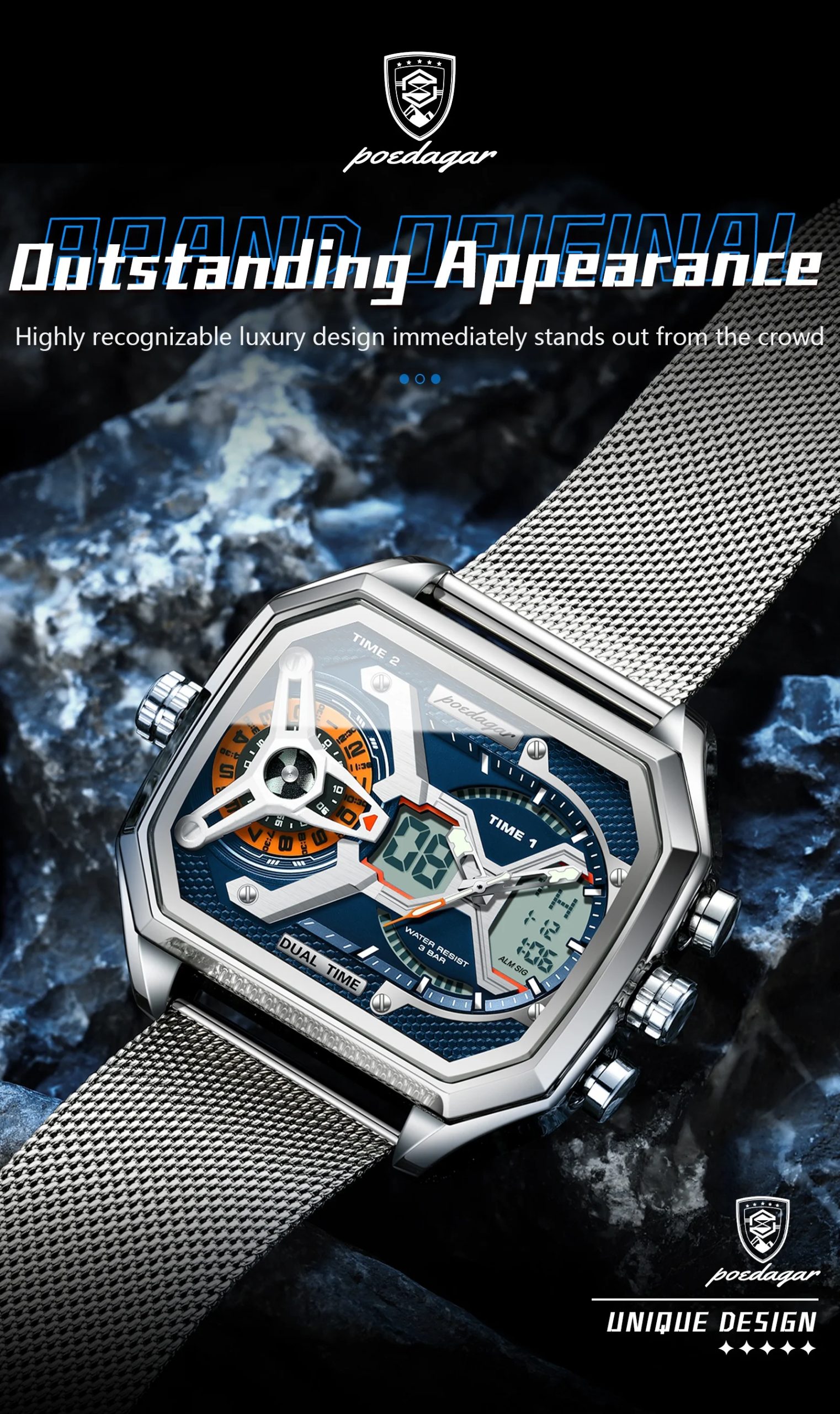 POEDAGAR Sports Men's Quartz Watches Date Week LED Alarm Military Electronic Man Watch Waterproof Stainless Steel Mesh Men Clock