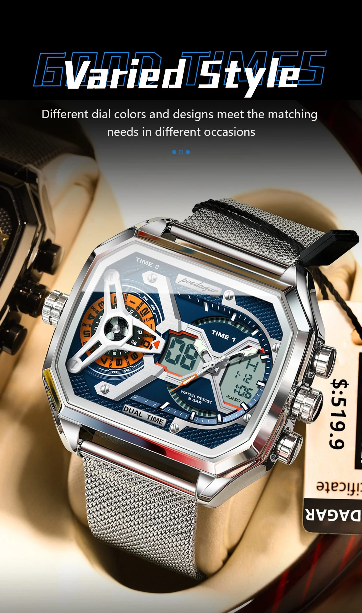 POEDAGAR Sports Men's Quartz Watches Date Week LED Alarm Military Electronic Man Watch Waterproof Stainless Steel Mesh Men Clock