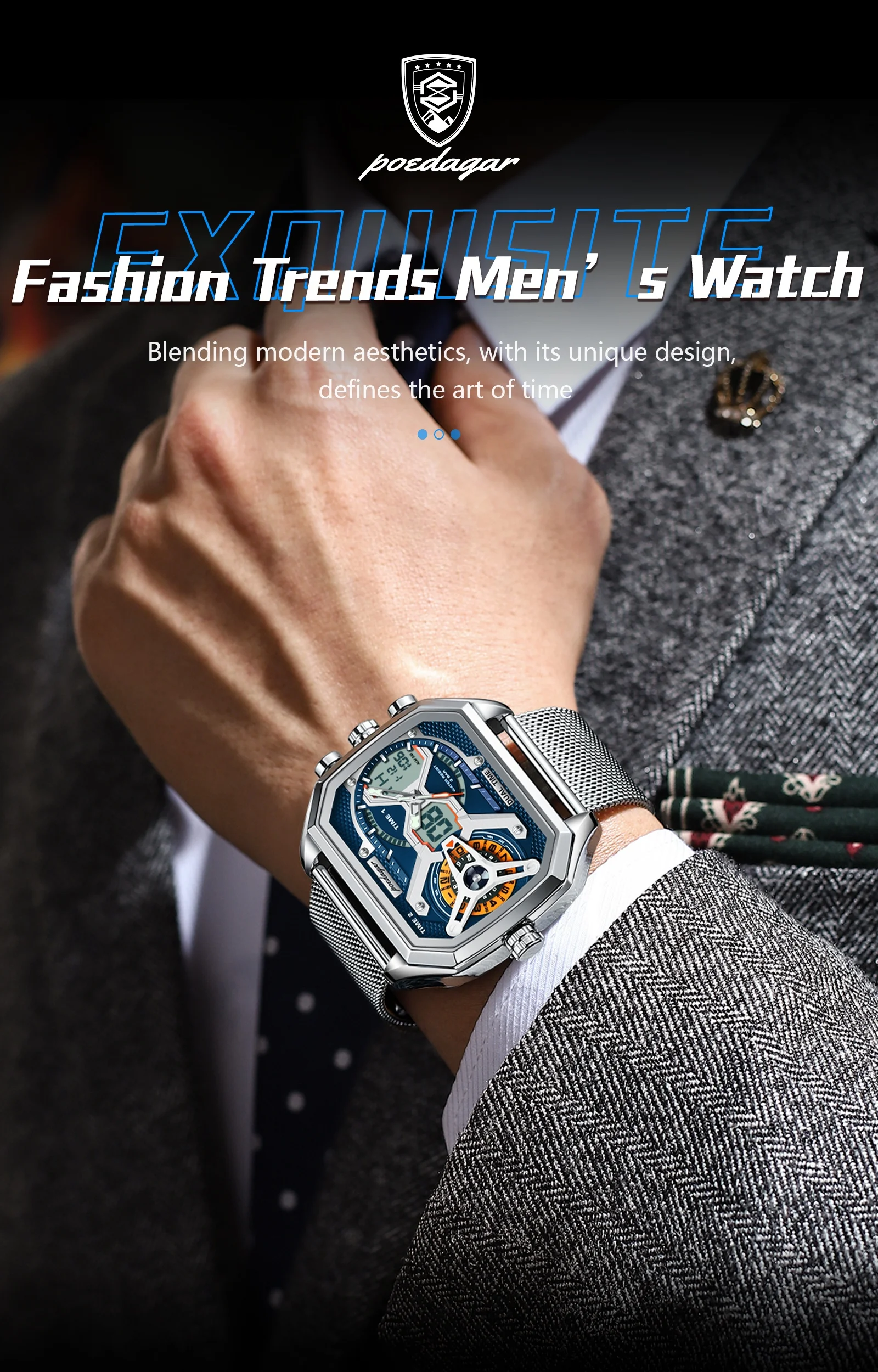 POEDAGAR Sports Men's Quartz Watches Date Week LED Alarm Military Electronic Man Watch Waterproof Stainless Steel Mesh Men Clock