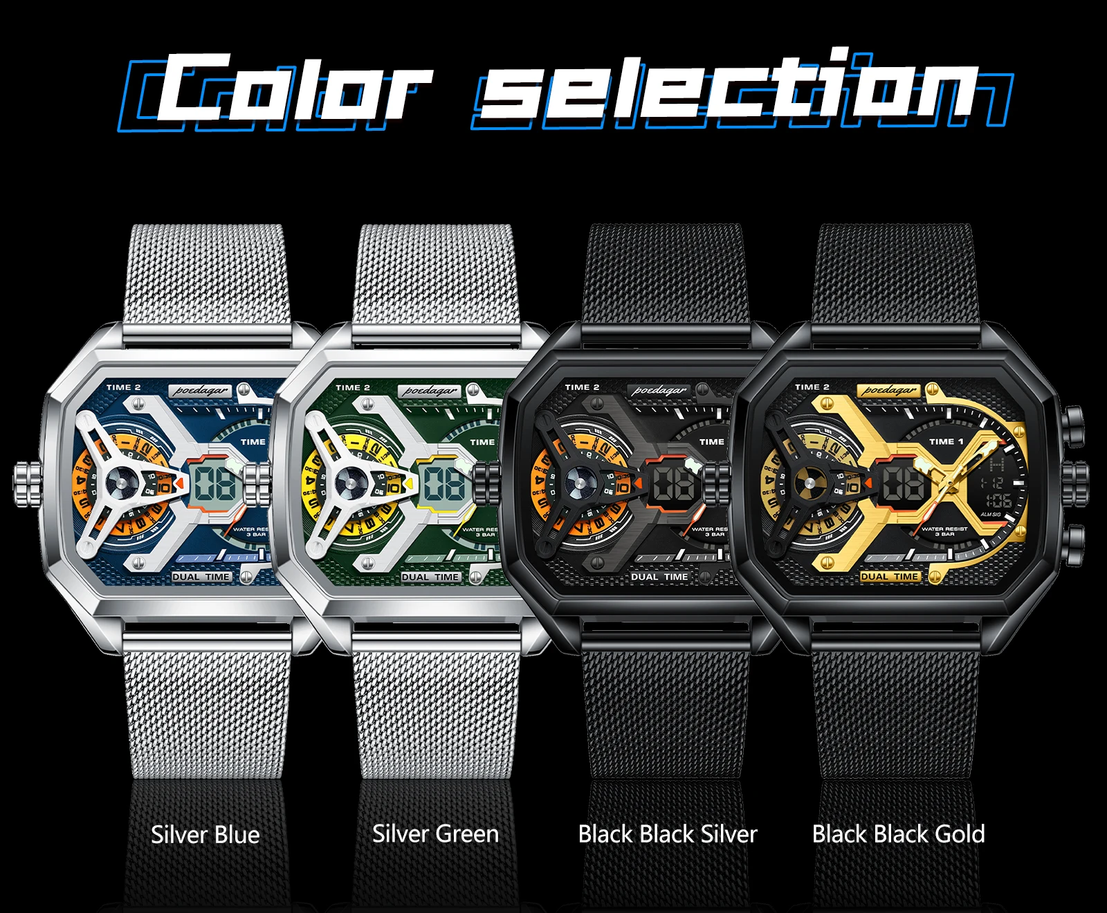 POEDAGAR Sports Men's Quartz Watches Date Week LED Alarm Military Electronic Man Watch Waterproof Stainless Steel Mesh Men Clock