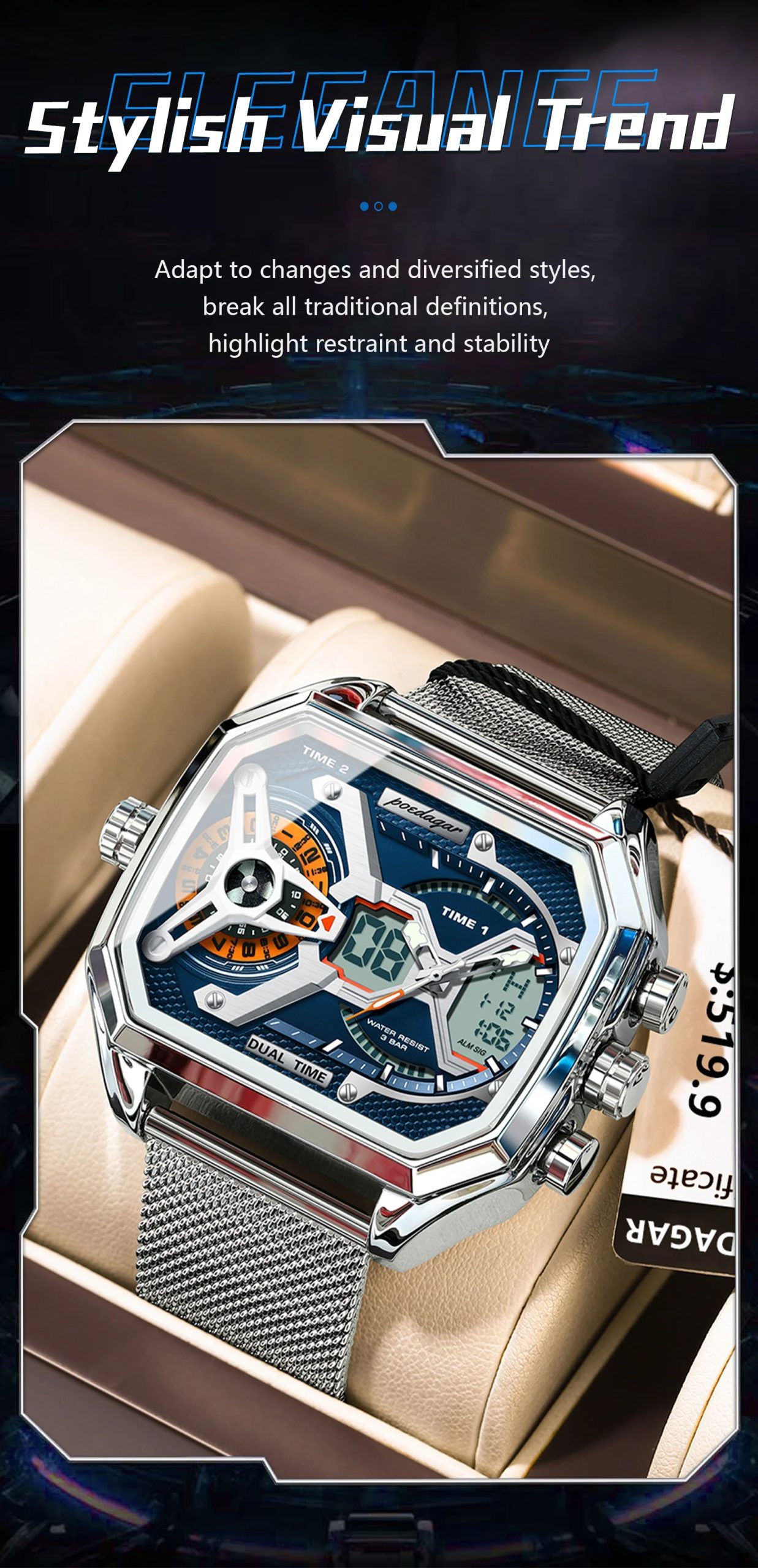 POEDAGAR Sports Men's Quartz Watches Date Week LED Alarm Military Electronic Man Watch Waterproof Stainless Steel Mesh Men Clock