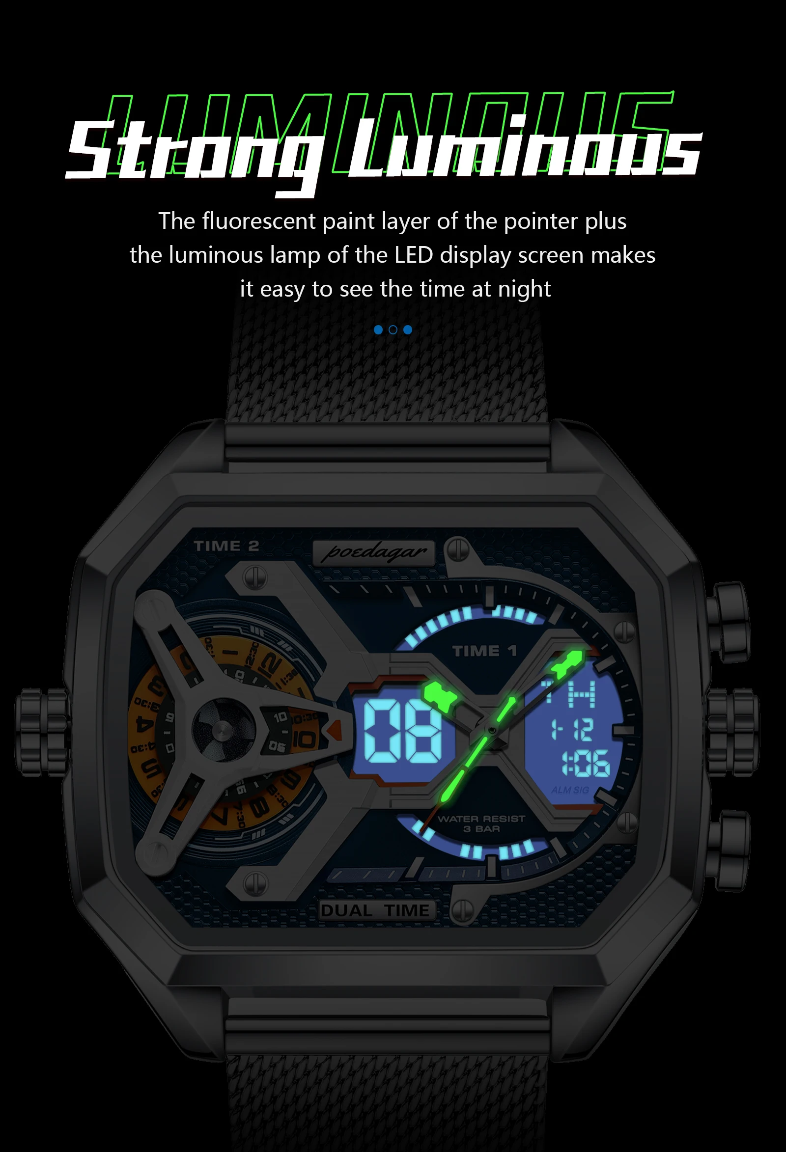 POEDAGAR Sports Men's Quartz Watches Date Week LED Alarm Military Electronic Man Watch Waterproof Stainless Steel Mesh Men Clock