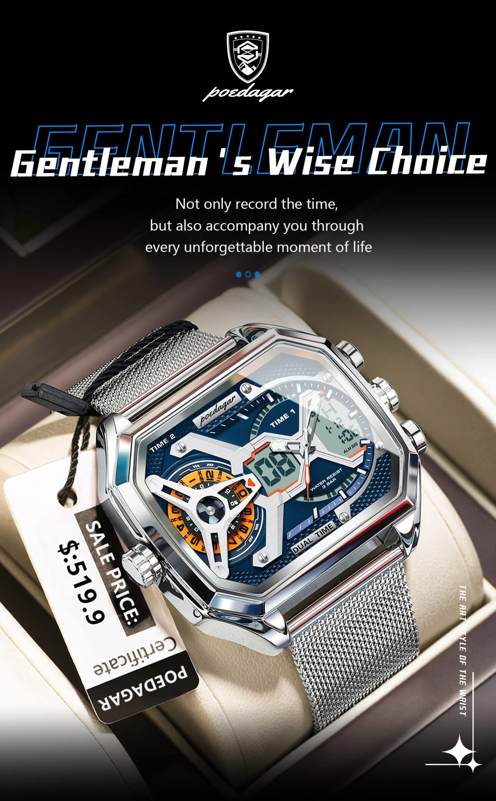 POEDAGAR Sports Men's Quartz Watches Date Week LED Alarm Military Electronic Man Watch Waterproof Stainless Steel Mesh Men Clock