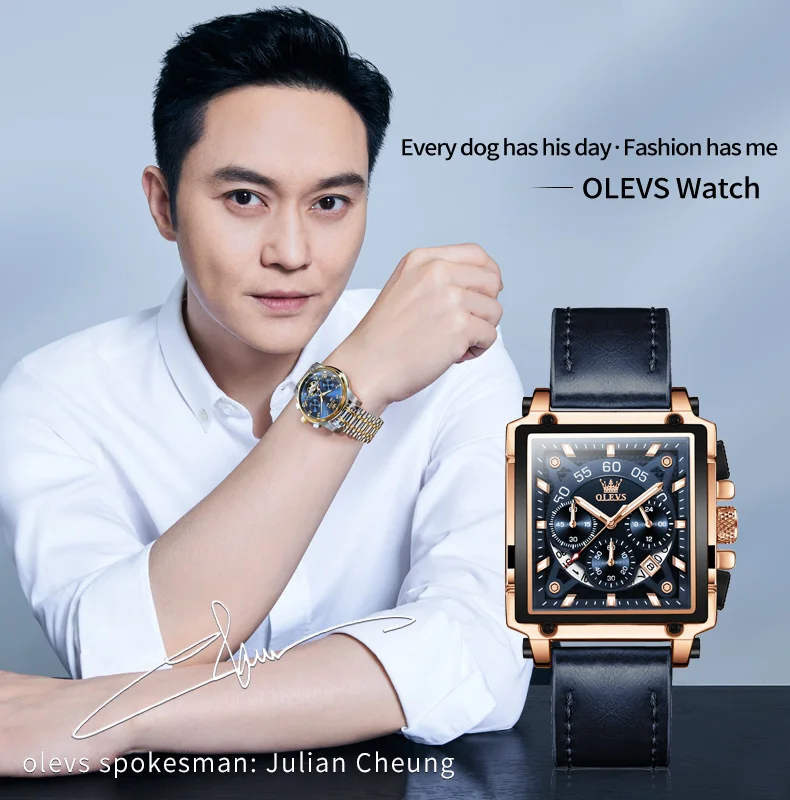 OLEVS Watches for Men Quartz Chronograph Leather Watch Date Waterproof Luminous Casual Square Fashion Business Wrist Watches