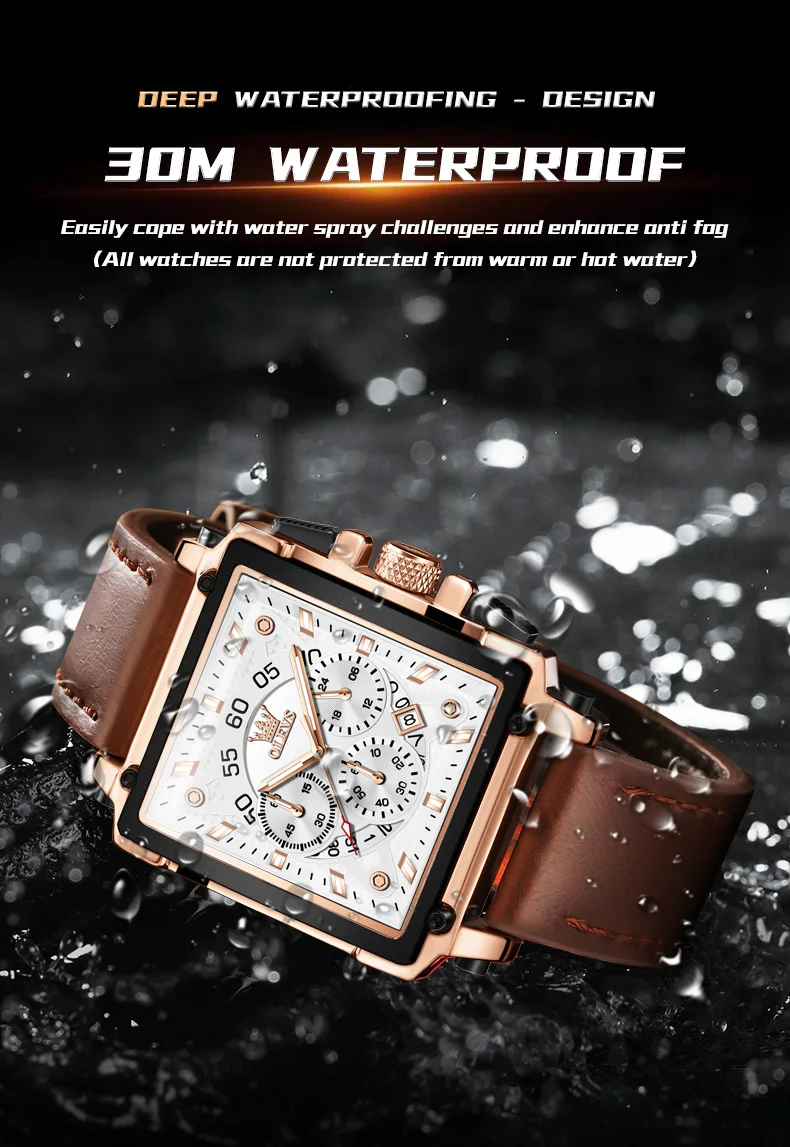 OLEVS Watches for Men Quartz Chronograph Leather Watch Date Waterproof Luminous Casual Square Fashion Business Wrist Watches