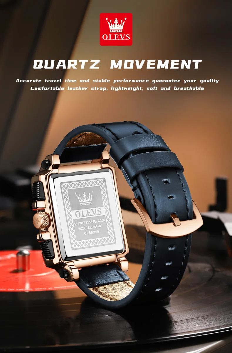 OLEVS Watches for Men Quartz Chronograph Leather Watch Date Waterproof Luminous Casual Square Fashion Business Wrist Watches