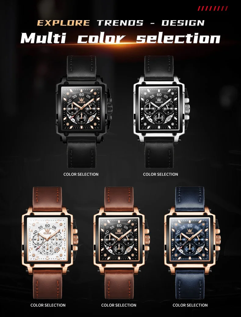 OLEVS Watches for Men Quartz Chronograph Leather Watch Date Waterproof Luminous Casual Square Fashion Business Wrist Watches