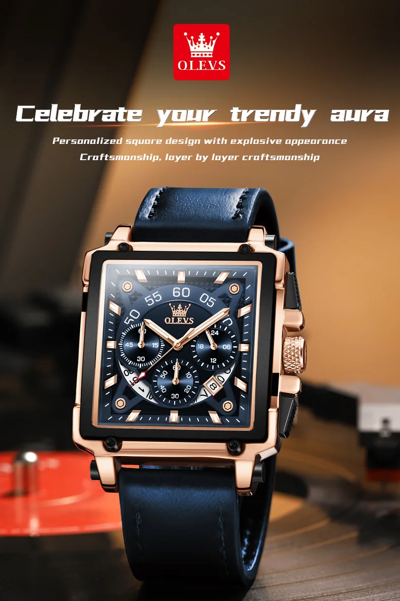 OLEVS Watches for Men Quartz Chronograph Leather Watch Date Waterproof Luminous Casual Square Fashion Business Wrist Watches
