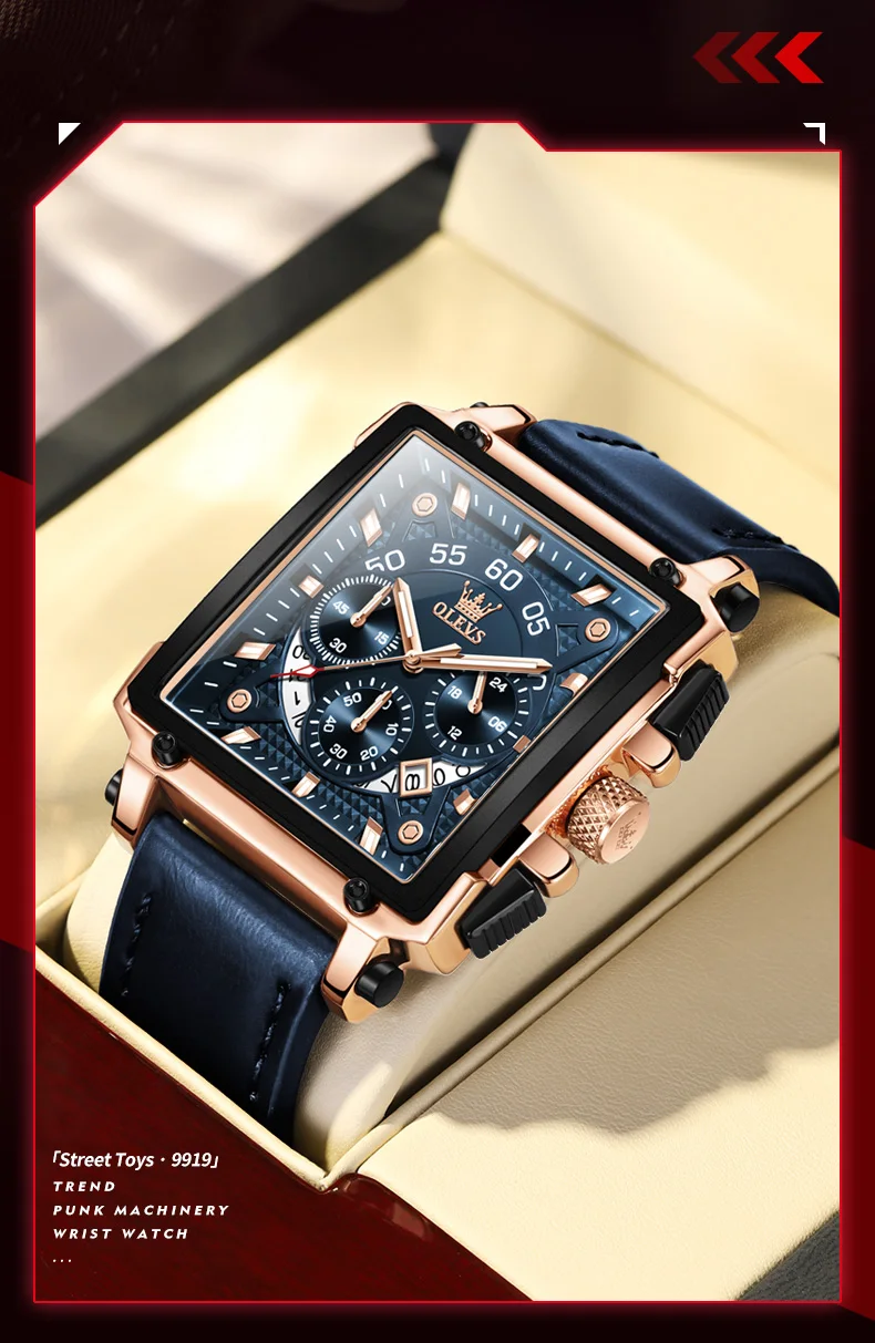 OLEVS Watches for Men Quartz Chronograph Leather Watch Date Waterproof Luminous Casual Square Fashion Business Wrist Watches